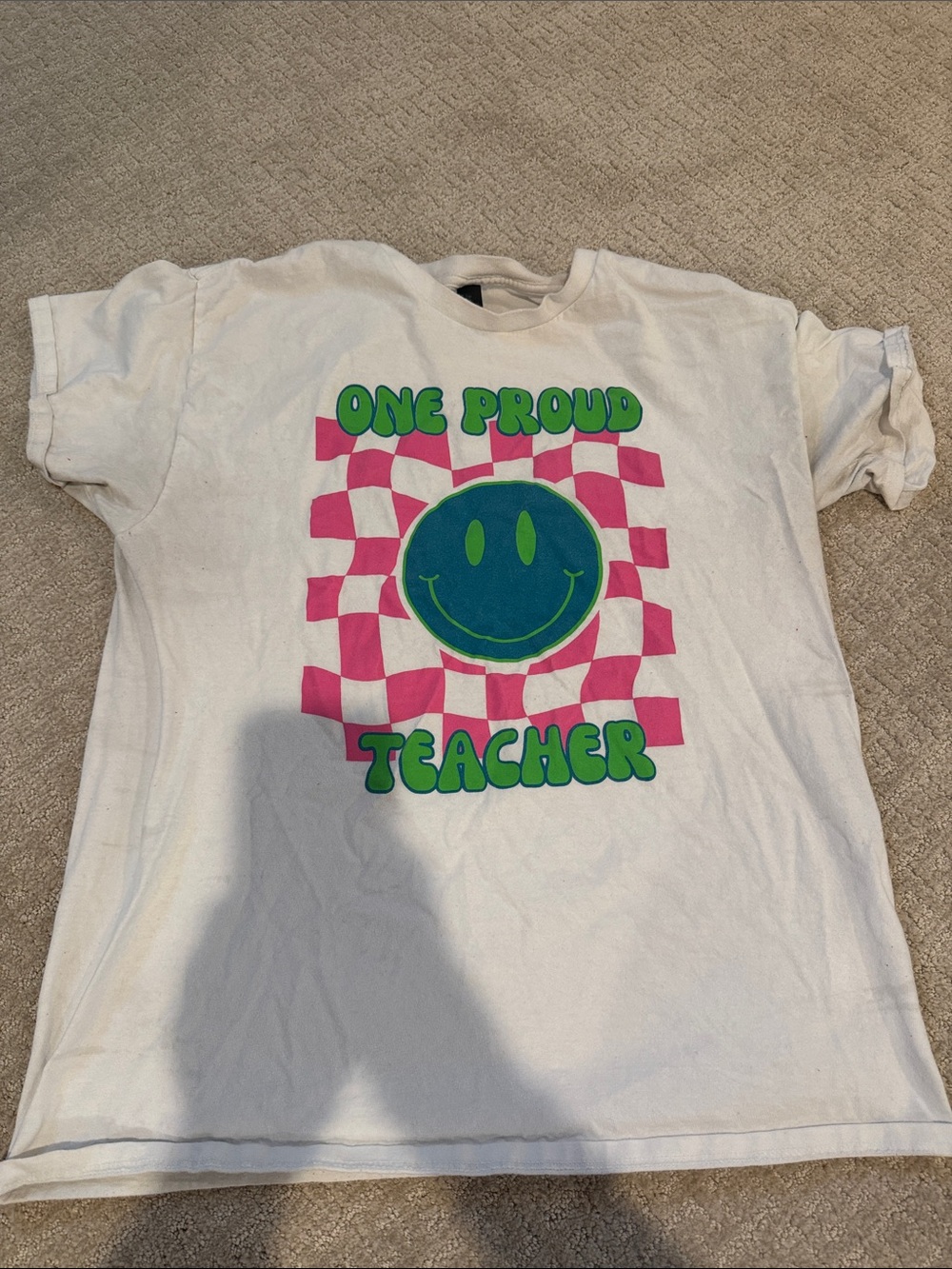 White ‘One Proud Teacher' Graphic Tee with Pink Checker and Green Smile